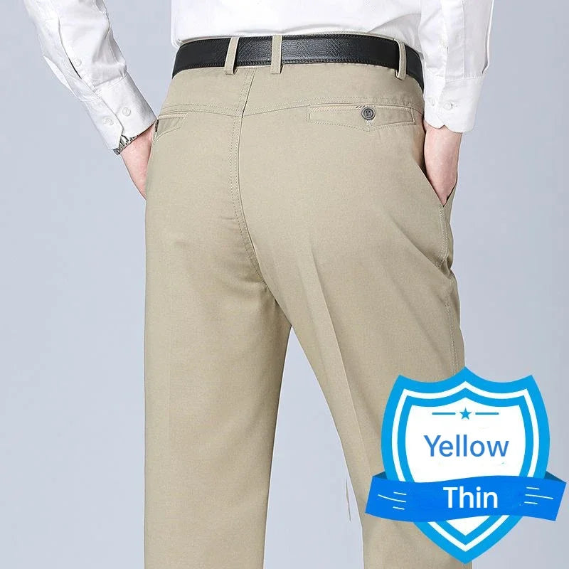 Men's Office Business 100% Cotton Pants Summer Thin & Autumn Thick High Waist Straight Loose Solid Bland Suit Slacks GOZBKF