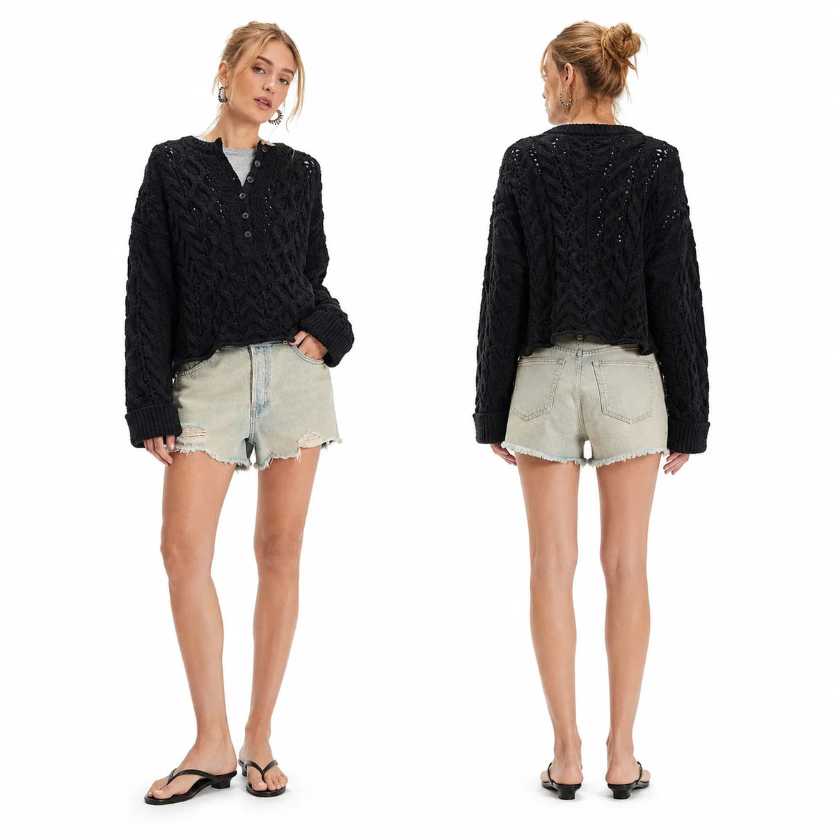 Oversized Chunky Cable Knit Henley Sweater for Women, Half Button V‑Neck Cropped Long Sleeve Pullover, Loose Casual Textured Knit Jumper