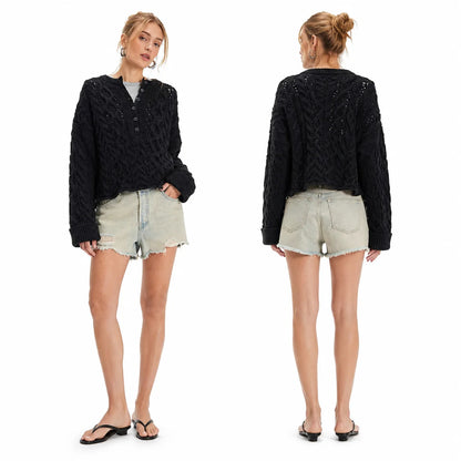 Oversized Chunky Cable Knit Henley Sweater for Women, Half Button V‑Neck Cropped Long Sleeve Pullover, Loose Casual Textured Knit Jumper