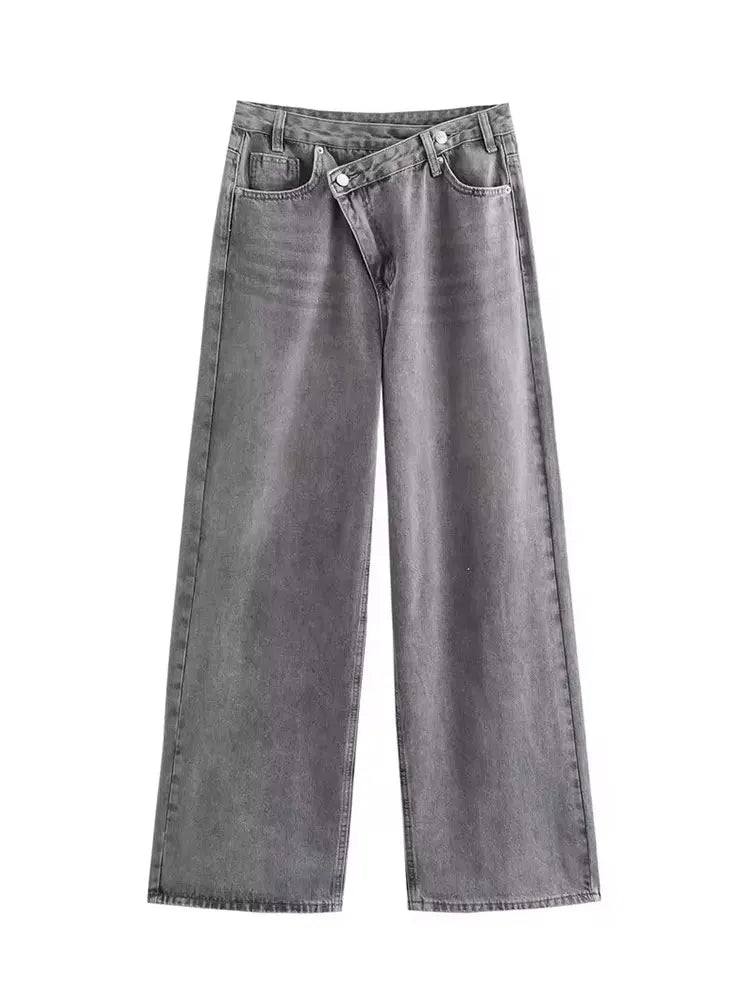 HH Women Vintage Cross Waist Wide Leg Jeans High Waist Asymmetrical Button Fly Baggy Denim Pants For Retro Street Style