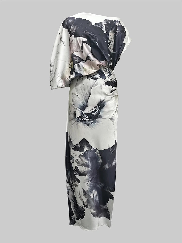 Gymystars Fashion Evening Dresses Floral Printed Long Dress for Women Summer Art Asymmetric Bat Sleeves One-Shoulder Party Dress