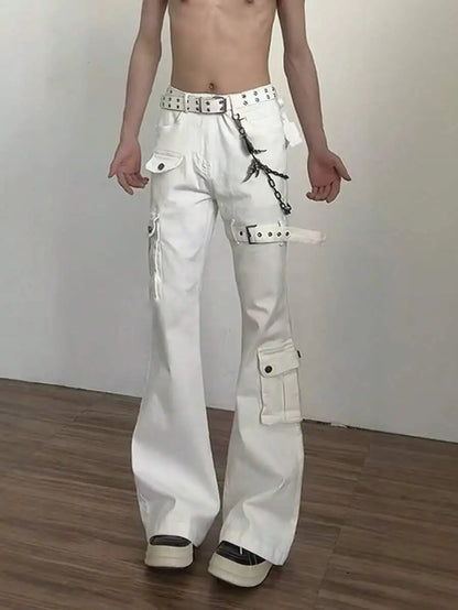 Mens White Cargo Jeans High Waist Wide Leg Flared Work Pants Casual Denim