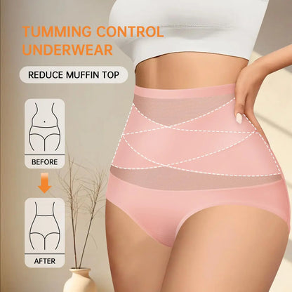 4pcs High Waisted Women's Panties Breathable Tummy Control Shapewear Mesh Cross Tummy Cinching Ice Silk No Trace Triangle Panties Tummy Tuck Shape