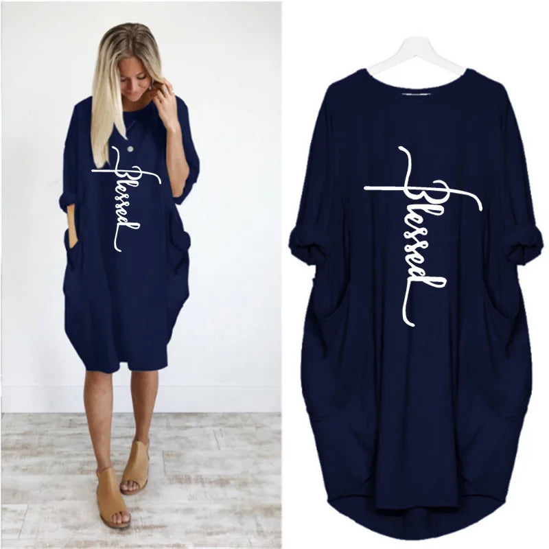Plus Size Women Short Sleeve O-Neck Loose Casual Dresses Casual Short Sleeve Shirt Mini Dresses Round Neck Pockets Sexy Female T