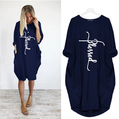 Plus Size Women Short Sleeve O-Neck Loose Casual Dresses Casual Short Sleeve Shirt Mini Dresses Round Neck Pockets Sexy Female T
