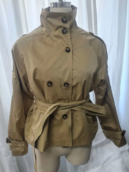 Belted Waist Cropped Trench Jackets Women Double Breasted Stand Collar Coats 2025 Autumn Chic Casual Vintage Jacket Women Cloth