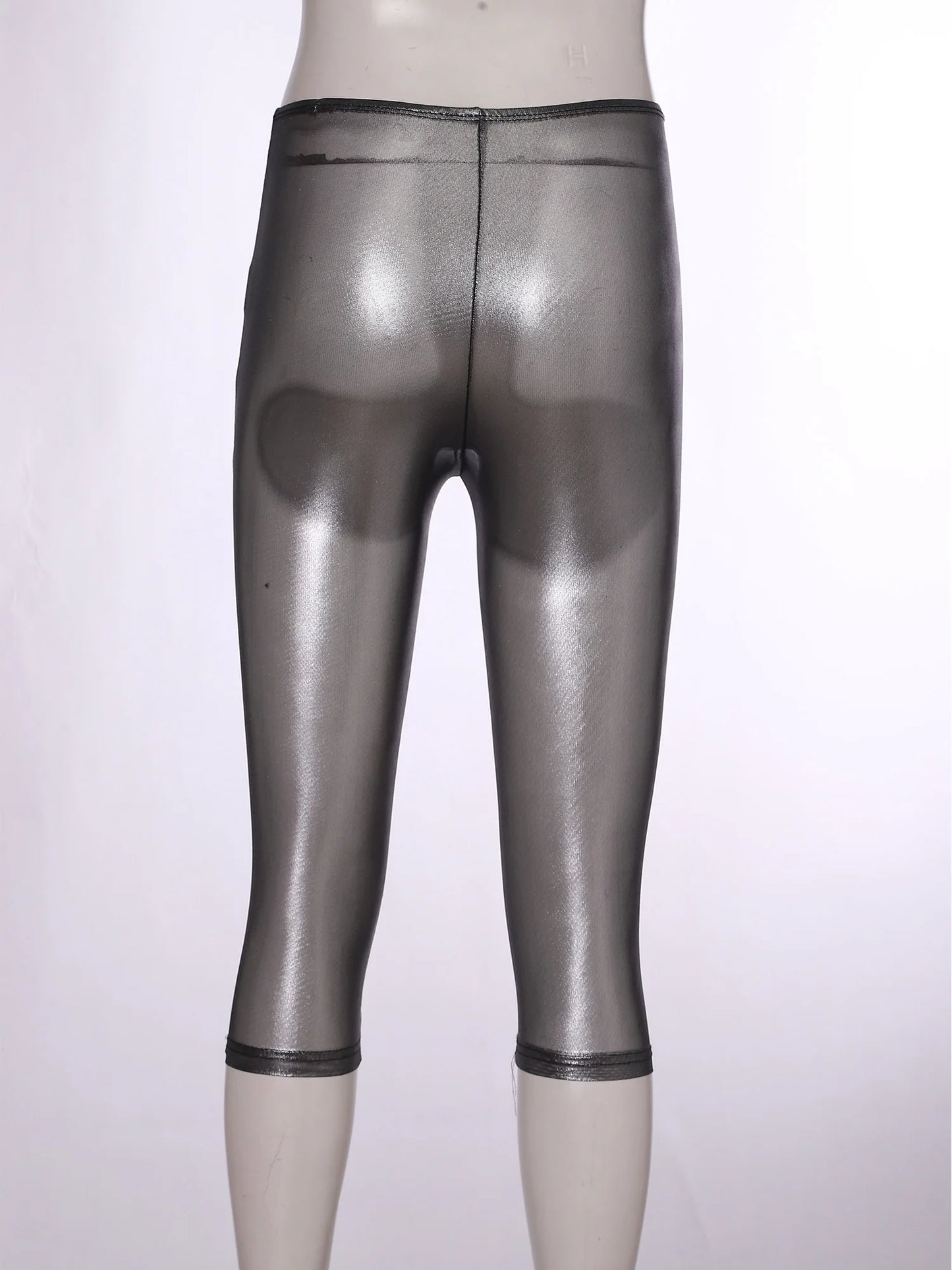 Womens Metallic Shiny Slim Fit Capri Pants Semi-transparent Capri Leggings Elastic High Waist Tights Shiny Cover-up Rave Pants
