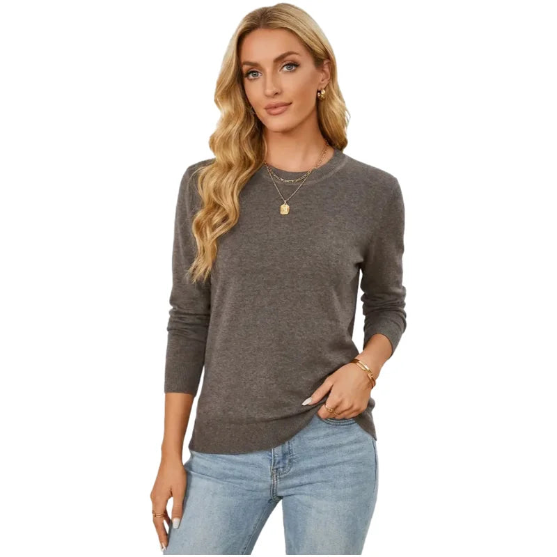 Women's Fashionable Wool Blend Sweater, Long-Sleeved with a Round Neck,