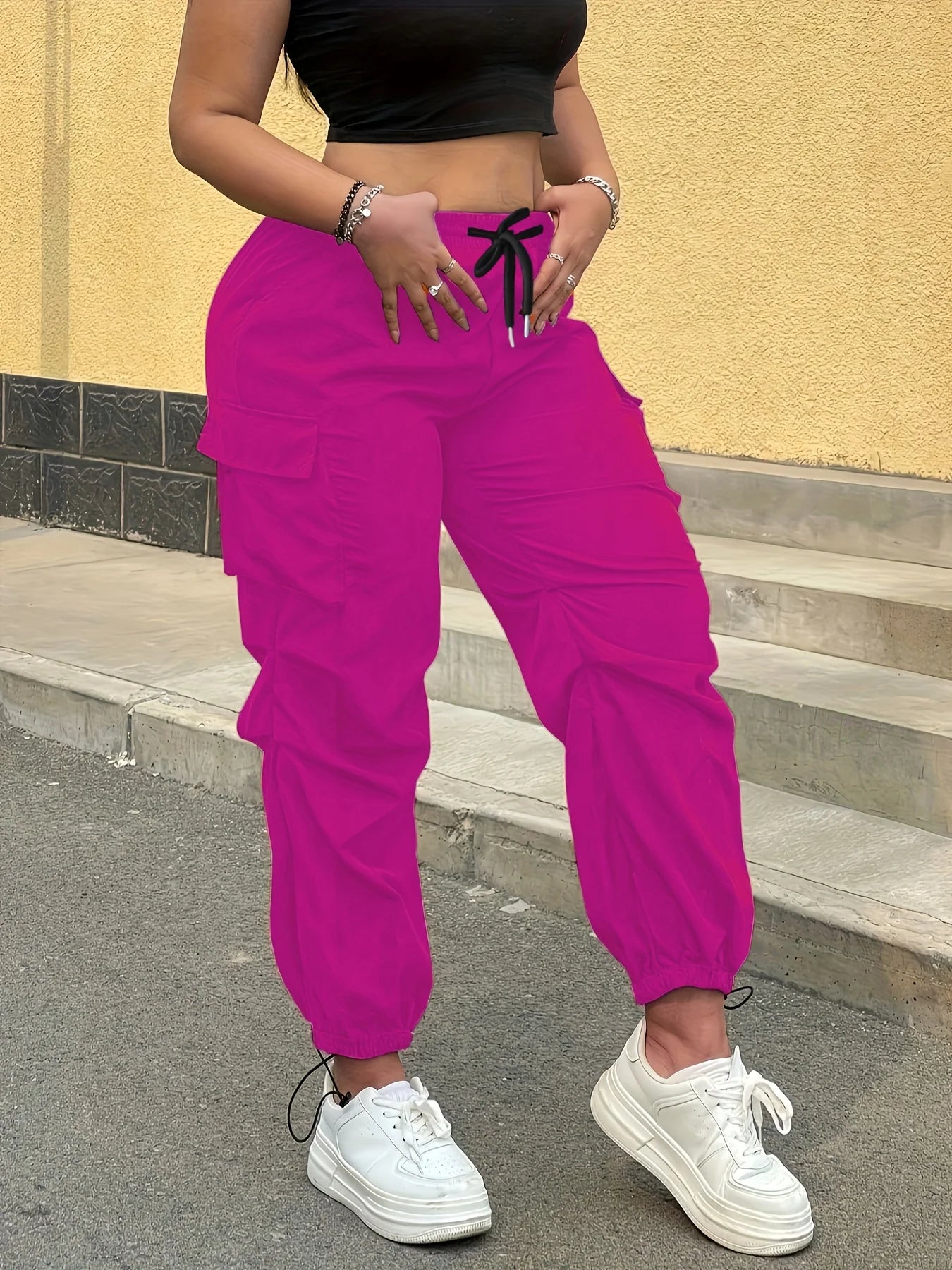 Women's Casual Streetwear Pink Cargo Pants Loose Drawstring Waist Jogger Trousers Plus Size Trendy  Spring Summer Fashionable