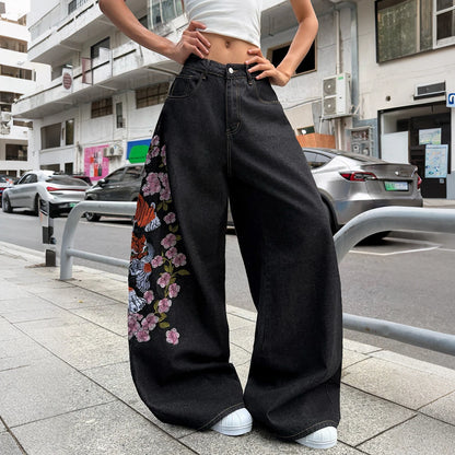 American Retro Tiger Flower Embroidered Black Loose Wide-Leg Jeans For Women, Street Hip-Hop Fashionable And Versatile Trousers