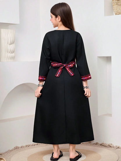Black Embroidered Maxi Dress With Geometric Pattern, A-Line Long Sleeve, Bohemian Style