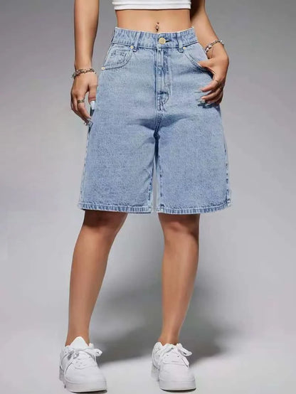 Light blue high-waisted denim shorts