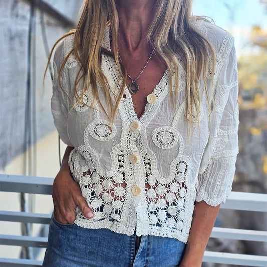 Embroidered Paisley Button-up Shirt Blouse Women's Cropchet Hollow-out Open-stitch Beach Cover-up