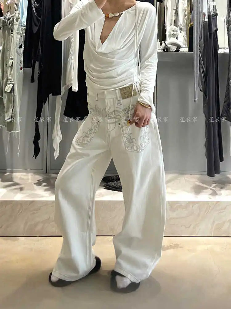 Women Embroidery Baggy Jean Japanese Y2K Streetwear Harajuku Denim Pants Hip-pop 2000s Wide Leg High Street Cyber Punk Tomboy