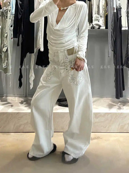 Women Embroidery Baggy Jean Japanese Y2K Streetwear Harajuku Denim Pants Hip-pop 2000s Wide Leg High Street Cyber Punk Tomboy