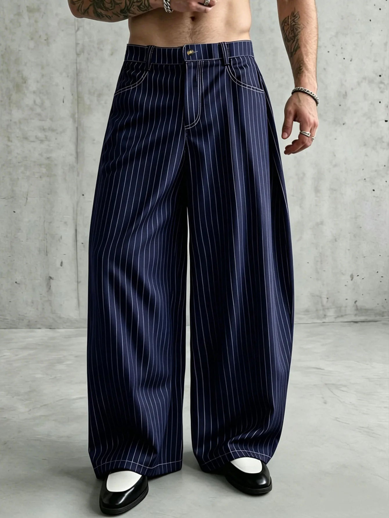 Men Navy Pinstripe Wide Barrel Baggy Pants Stretch Wrinkle Free Oversized Loose Banana Trousers Business Street Chinos