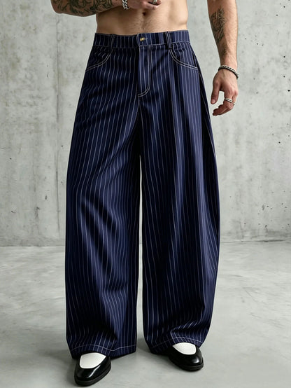 Men Navy Pinstripe Wide Barrel Baggy Pants Stretch Wrinkle Free Oversized Loose Banana Trousers Business Street Chinos