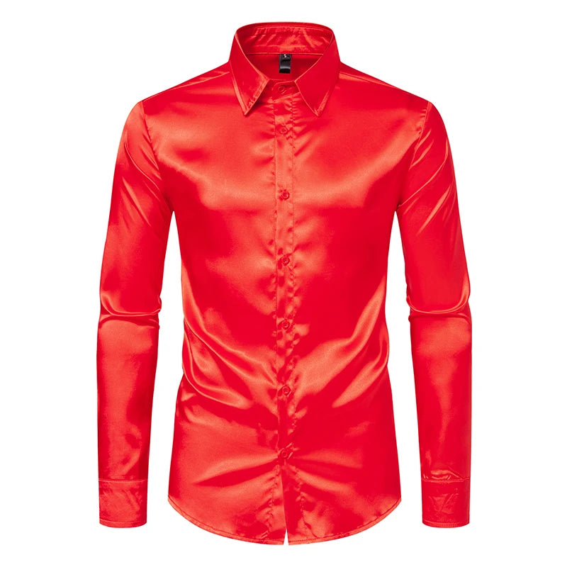 Men's Black Satin Luxury Dress Shirts Fashion Silk Smooth Tuxedo Shirt Solid Wedding Party Prom Casual Shirt Business Office