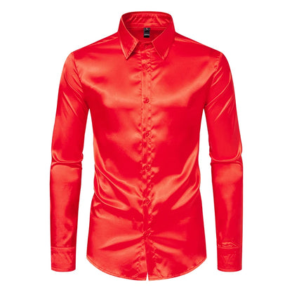 Men's Black Satin Luxury Dress Shirts Fashion Silk Smooth Tuxedo Shirt Solid Wedding Party Prom Casual Shirt Business Office