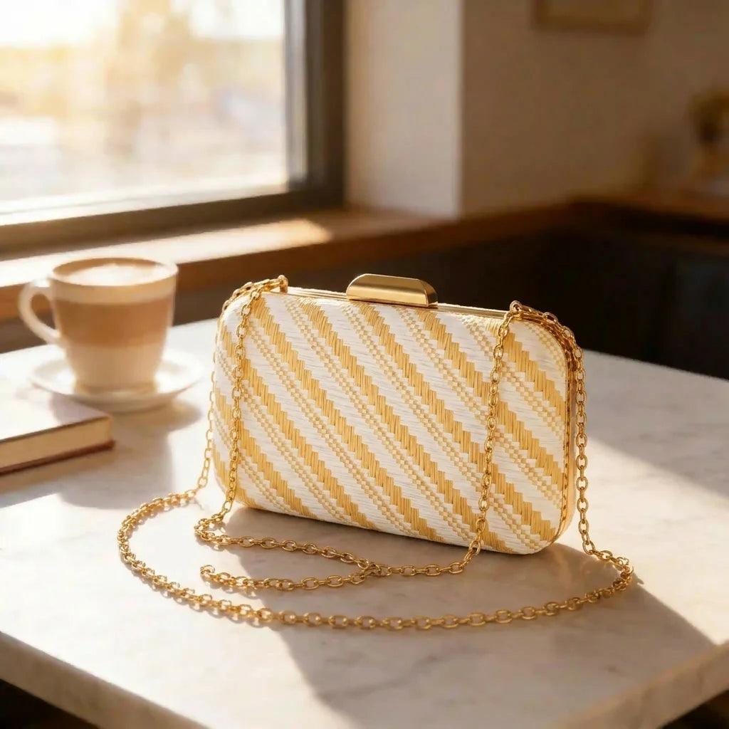 Women Striped Straw Cotton Woven Hard Clutch Bag, Bohemian Box Evening Purse for Wedding Beach Party Banquet