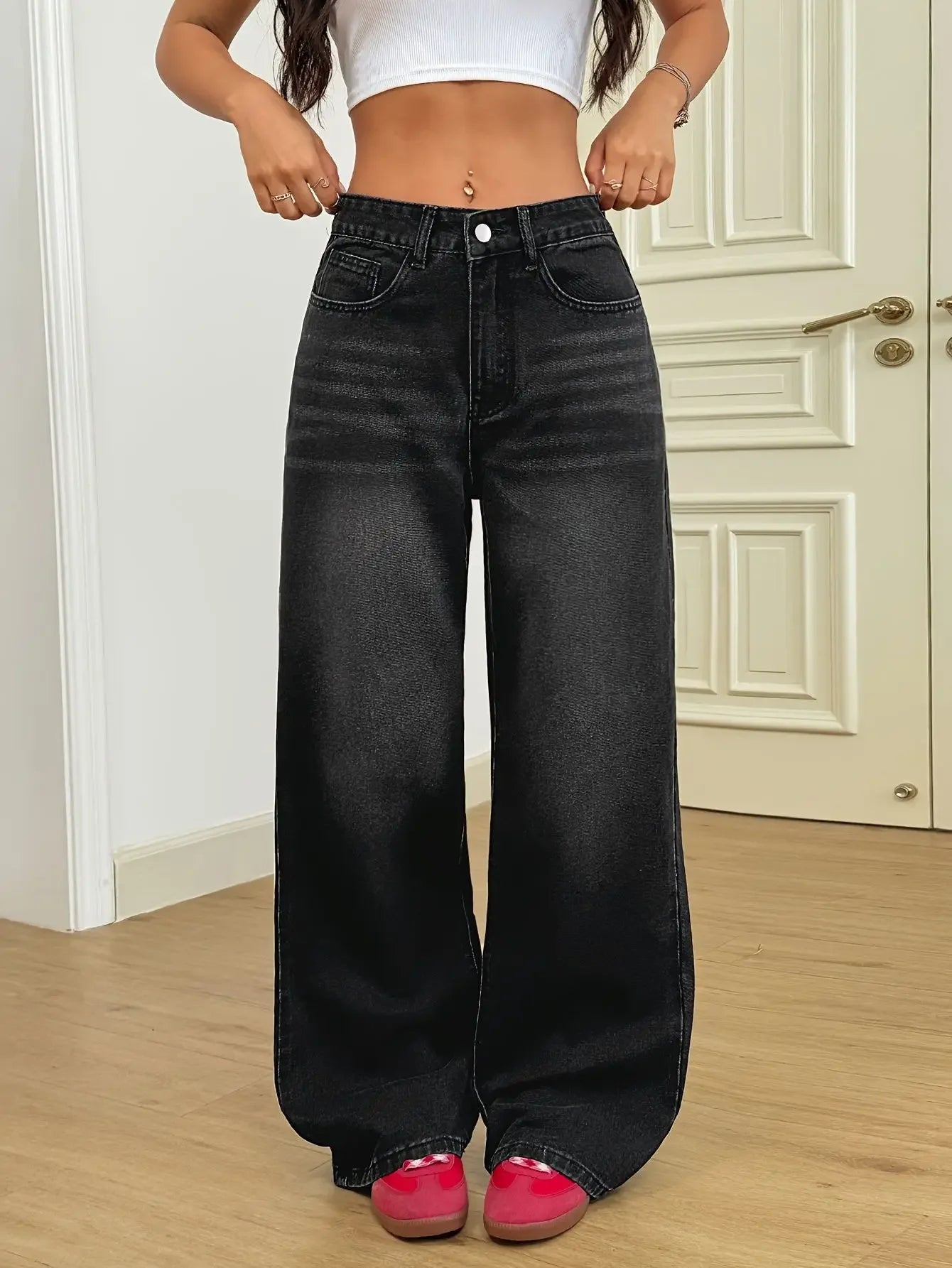 Trendy Wide Leg Distressed Straight Jeans for Women Elastic Casual Bootcut Denim Pants Bestseller Fashionable Ladies Jeans