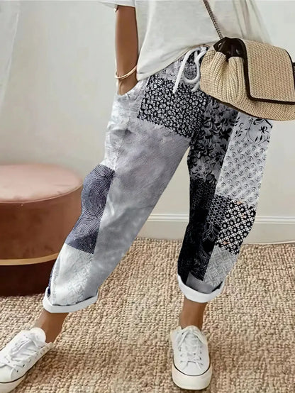 Women's Fashion Plus size 1XL-5XL Printed Flower Pants Ladies Casual Comfortable Loose Pocket Pants Casual Mid-waist Haren Pants