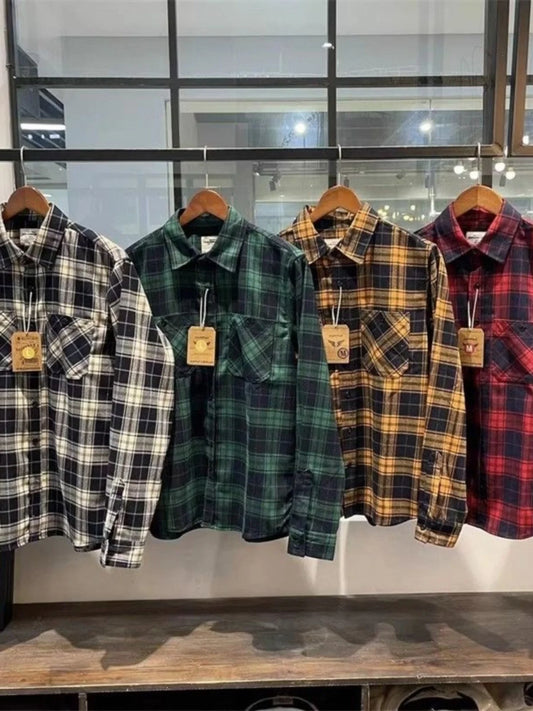 Autumn Men's Pure Cotton Flannel Plaid Long Sleeve Shirt Casual Loose Full Cotton Washed Dad Clothes Style Breathable Fashion