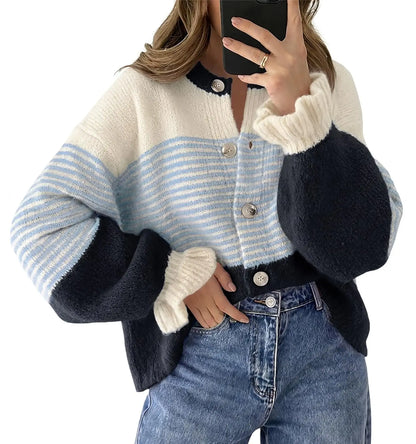 Womens Fall Striped Loose Cardigan Sweaters Ruffle Sleeve Button Up Color Block Sweater Coats