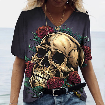 Skulls T-shirt Women's Shirt Fashion Short Sleeve New Casual Top Tee Ladies Girl Clothing V Neck T Shirt For Women