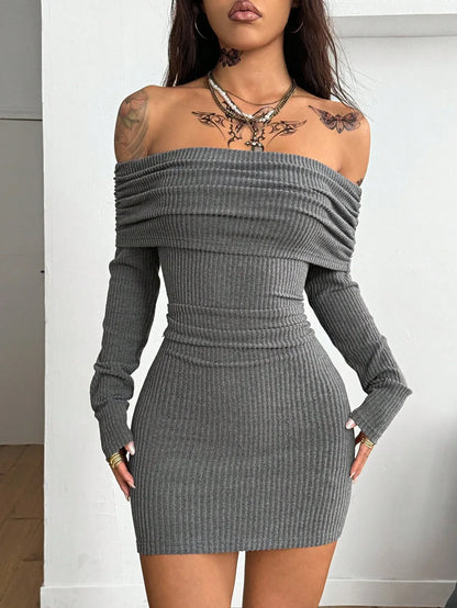 Women's Y2K Street Style Casual Ribbed Knit Elastic Fitted Shoulder Bared Mini Dress Daily Wear Comfortable Bodycon Dress