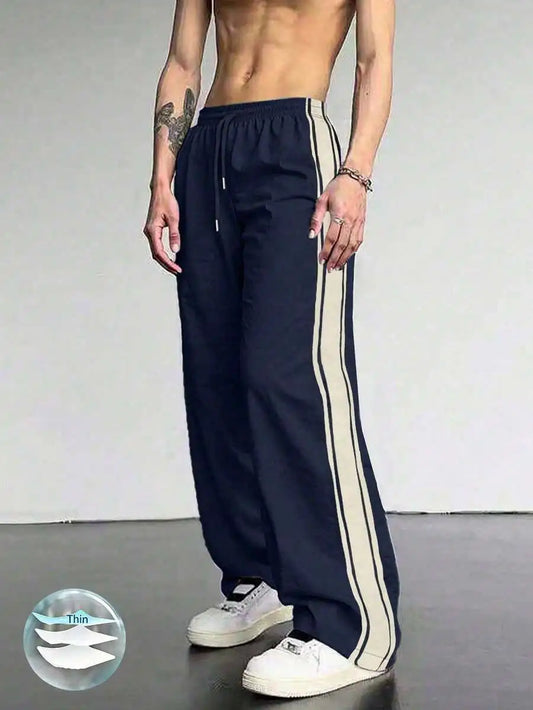 Men's Lightweight Summer Casual Pants, Minimalist Versatile Breathable Cool Colorblock Patchwork Sports Long Pants For Workout,