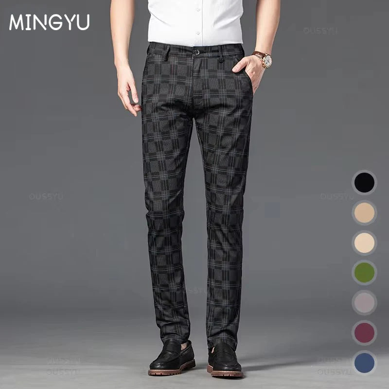 2024 New Men's Casual Plaid Pants Business Casual Slim Fit Black Blue Red Khaki Classic Style Trousers Male Brand Luxury Clothes