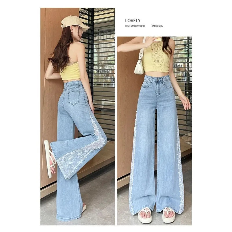 Tennis Lace Pearl Wide Leg Jeans for Women2025New summer thin style fashionable loose hollow straight-leg pants