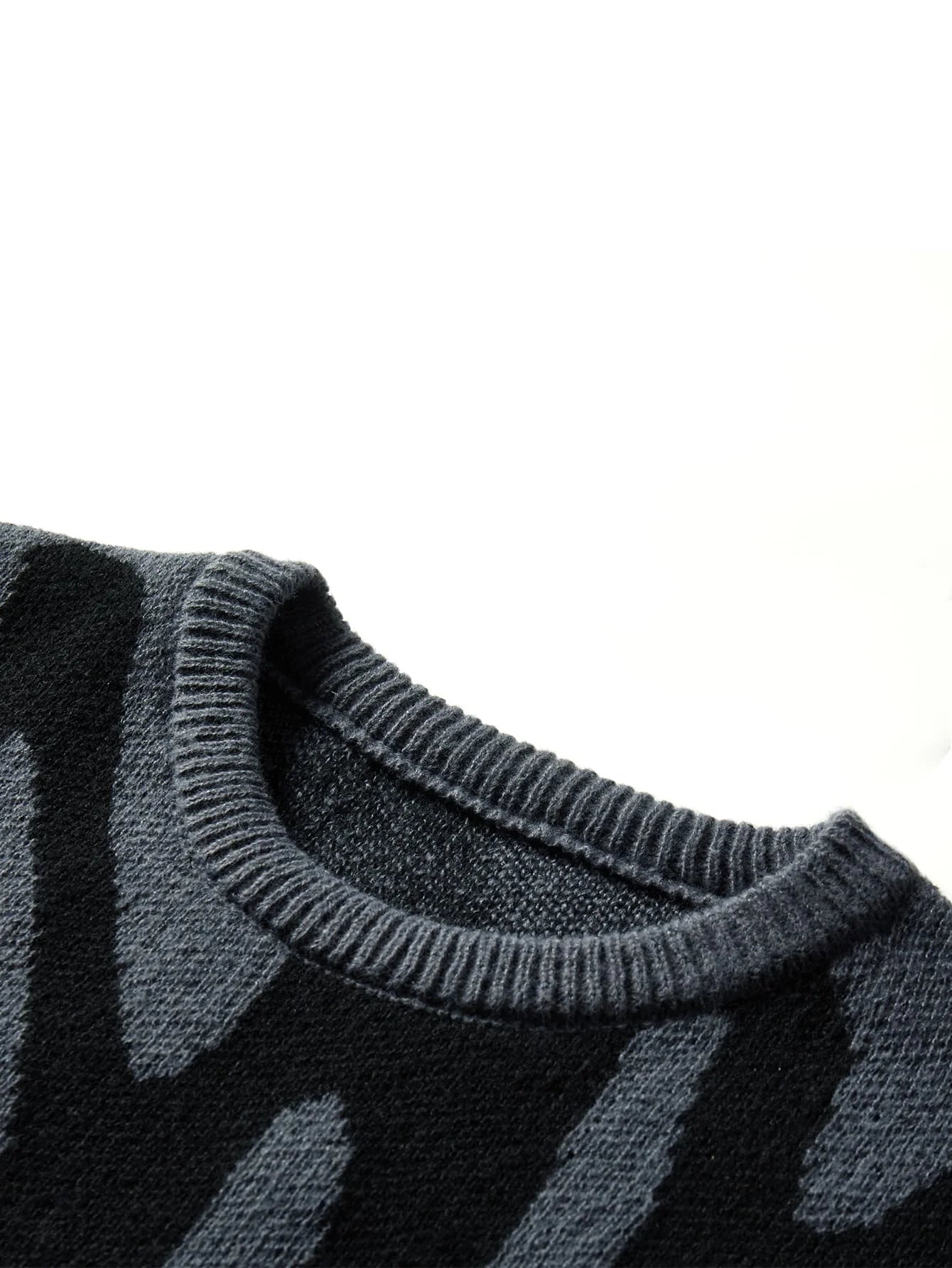 New Trendy Autumn and Winter Irregular Jacquard Pattern Pullover Sweater Casual Round Neck Color-Blocking Knit Men's Pullover