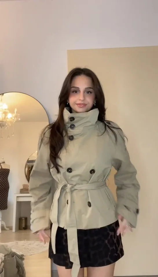 Belted Waist Cropped Trench Jackets Women Double Breasted Stand Collar Coats 2025 Autumn Chic Casual Vintage Jacket Women Cloth