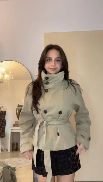 Belted Waist Cropped Trench Jackets Women Double Breasted Stand Collar Coats 2025 Autumn Chic Casual Vintage Jacket Women Cloth