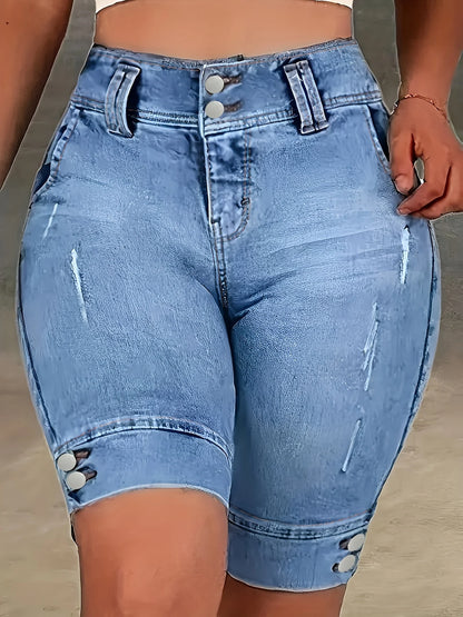 Ladies' Blue Double-Buckle Waist Slim Fit Jeans