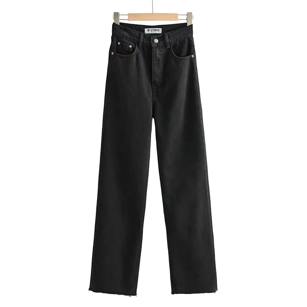 Women's High Waist Jeans 2025 Spring Fall Relaxed Straight Leg Raw Hem Floor-Length Vintage Inspired Daily Uniform