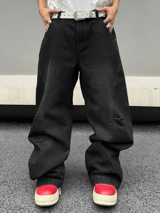 Men's Black Faded Baggy Wide Leg Jeans Unique Curved Seam Detail Hip Hop Street Style Casual Daily Going Out Loose Fit Denim Trousers