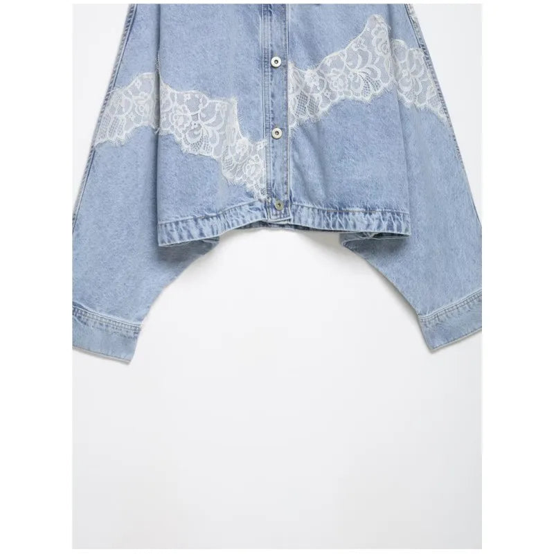 Women's Cropped Lace Denim Jacket New 2026 Spring Long Sleeve Button Female Chic Outerwears High Street Lady Chic Tops
