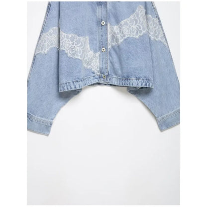 Women's Cropped Lace Denim Jacket New 2026 Spring Long Sleeve Button Female Chic Outerwears High Street Lady Chic Tops