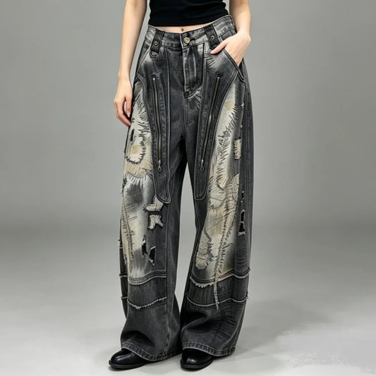 Trendy Pear-shaped Slimming Jeans Women Black Washed New Summer Street Style Loose-fitting Floor-length Jeans LX5811