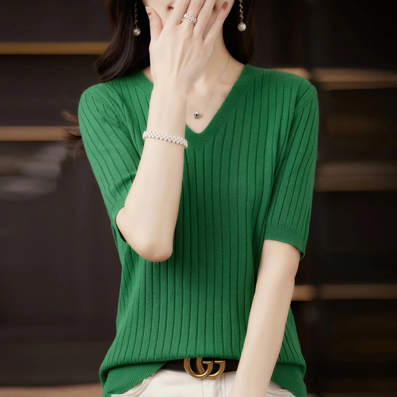 Women's Sweater Spring Summer Short Sleeve V-neck Knit Shirt Casual Pullovers Stripe Bottoming Shirt Slim Fit Jumpers