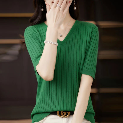 Women's Sweater Spring Summer Short Sleeve V-neck Knit Shirt Casual Pullovers Stripe Bottoming Shirt Slim Fit Jumpers