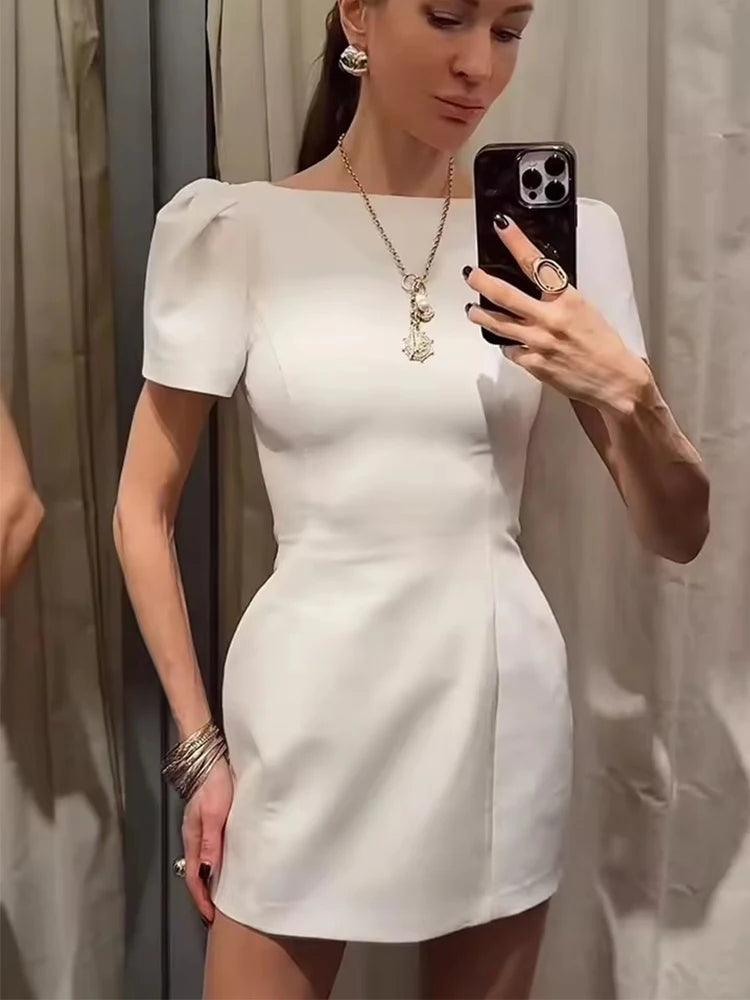 Chic Elegant Women Short Sleeve Mini Dress Slim Fit High Waist Solid Midi Dresses Simple Bodycon Commuter Summer Dress ﻿