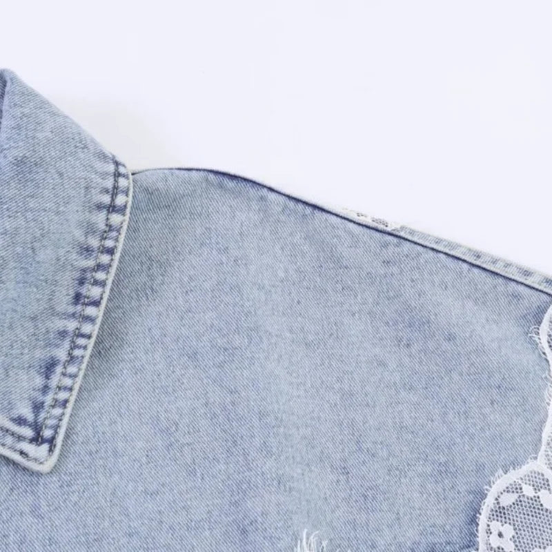 Women Spring Lace Patchwork Denim Jacket Lapel Collar Single Breasted Long Sleeve Loose Cropped Jean Coat Casual Fashion