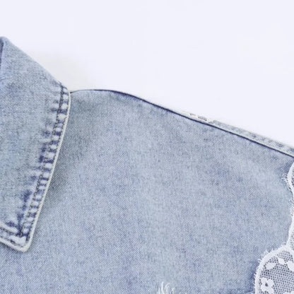Women Spring Lace Patchwork Denim Jacket Lapel Collar Single Breasted Long Sleeve Loose Cropped Jean Coat Casual Fashion