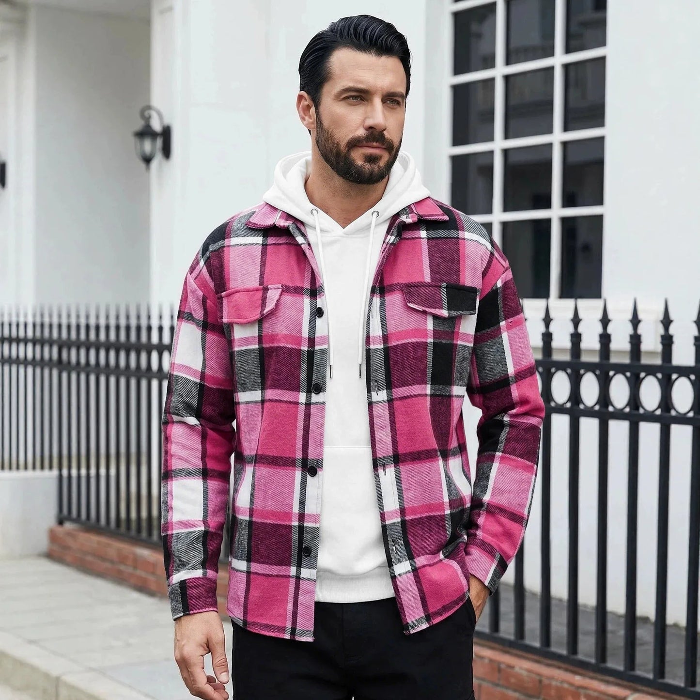Men's Plaid Flannel Shirt Long Sleeve Button Down Casual Shacket with Flap Pockets Autumn Winter Streetwear Top