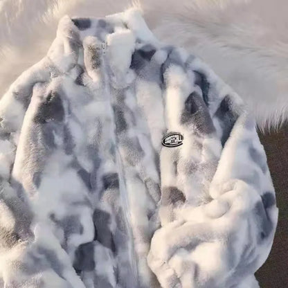 New Women's Tie Dye Lamb Fleece Jacket Autumn Winter Zipper Outerwear Warm Plush Jackets