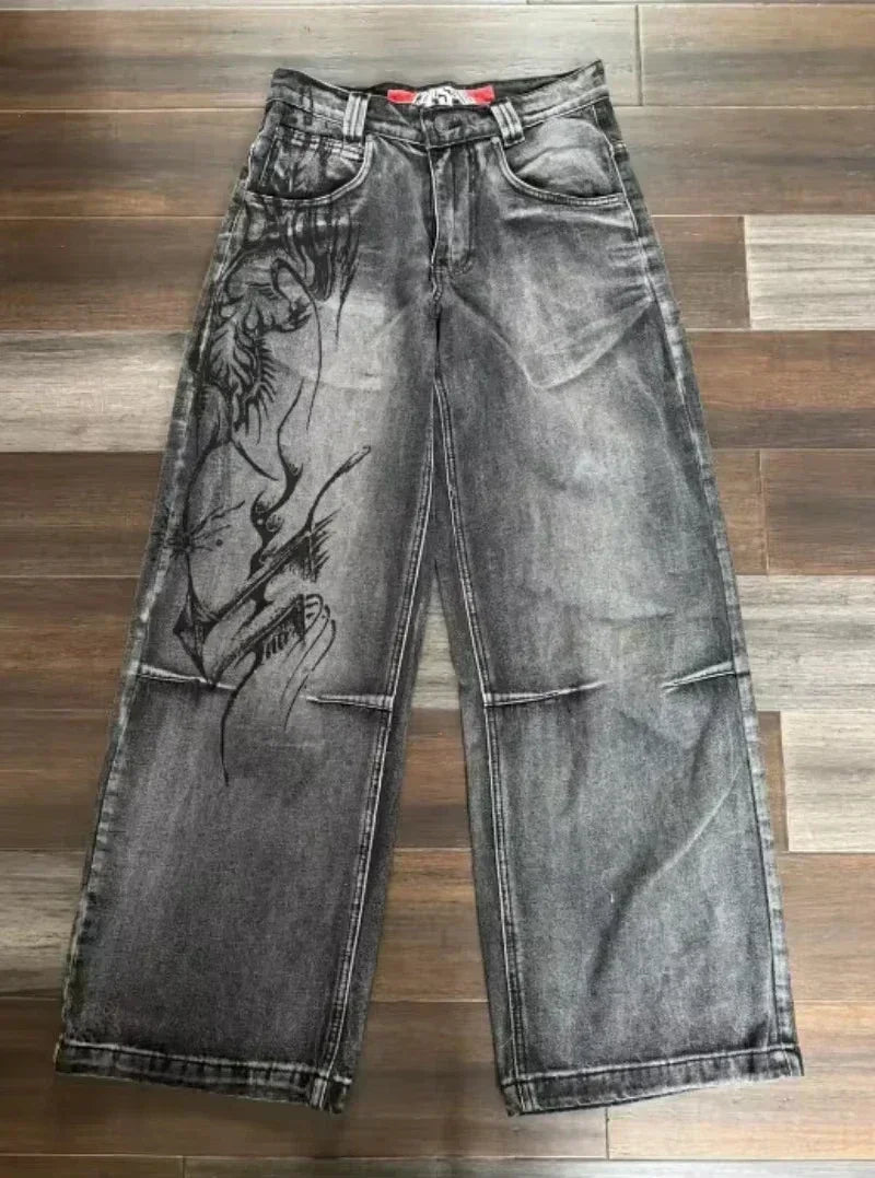 Street Fashion Trend Skull Embroidered Jeans Women Straight Wide-leg Pants Couple Casual Jeans